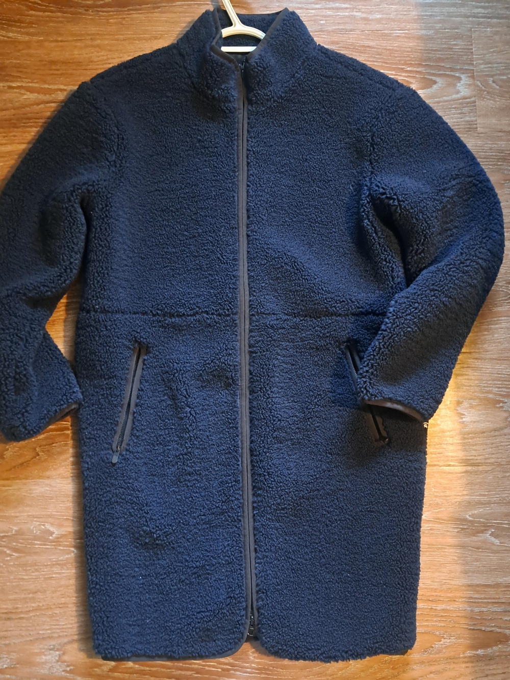 Womens Navy Sherpa Zip-Front Coat